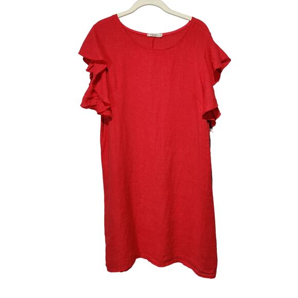 Lungo L'Arno Sz M 100% Linen Made in Italy Bright Pink Shift Dress Ruffle Sleeve - Picture 1 of 6